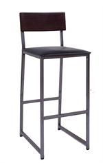 Clear Coat Metal Barstool with Walnut Color Rubber Wood Back & Black Vinyl Seat