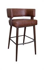 Open-Back Wood Grain Metal Framed Barstool with Coffee Colored Vinyl Seat and Back.