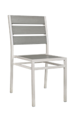 White Steel Chair with Horizontal Imitation Teak Horizontal Slat Back & Seat in Light Grey